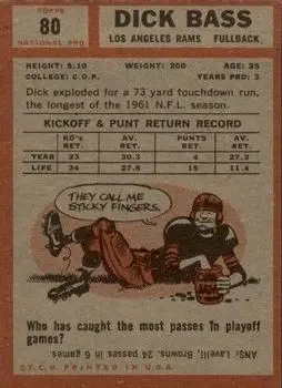 1962 Topps #80 - Dick Bass - Los Angeles Rams - Back