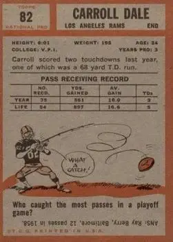 1962 Topps #82 - Carroll Dale - Los Angeles Rams - Back