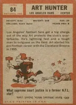1962 Topps #84 - Art Hunter - Los Angeles Rams - Back 1962 Topps #84 - Art Hunter - Los Angeles Rams - Back