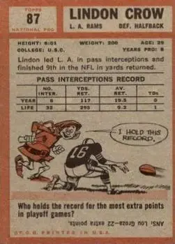 1962 Topps #87 - Lindon Crow - Los Angeles Rams - Back