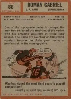 1962 Topps #88 - Roman Gabriel - Los Angeles Rams - Back