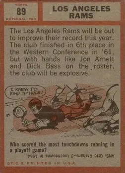 1962 Topps #89 - Card #89 - Los Angeles Rams - Back