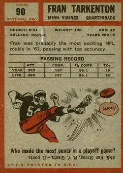 1962 Topps #90 - Fran Tarkenton - Minnesota Vikings - Back