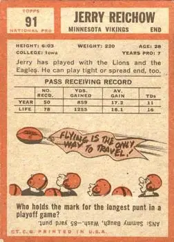1962 Topps #91 - Jerry Reichow - Minnesota Vikings - Back