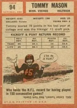 1962 Topps #94 - Tommy Mason - Minnesota Vikings - Back 1962 Topps #94 - Tommy Mason - Minnesota Vikings - Back