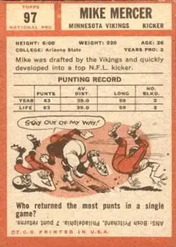 1962 Topps #97 - Mike Mercer - Minnesota Vikings - Back