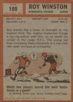 1962 Topps #100 - Roy Winston - Minnesota Vikings - Back 1962 Topps #100 - Roy Winston - Minnesota Vikings - Back