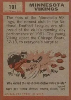 1962 Topps #101 - Card #101 - Minnesota Vikings - Back
