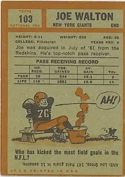 1962 Topps #103 - Joe Walton - New York Giants - Back
