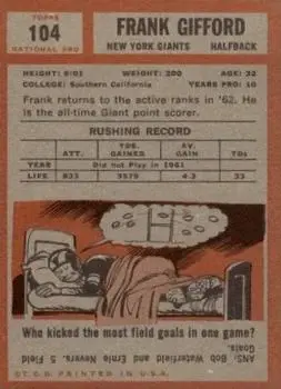 1962 Topps #104 - Frank Gifford - New York Giants - Back