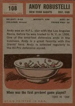 1962 Topps #108 - Andy Robustelli - New York Giants - Back