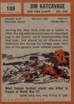 1962 Topps #109 - Jim Katcavage - New York Giants - Back