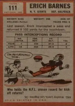 1962 Topps #111 - Erich Barnes - New York Giants - Back 1962 Topps #111 - Erich Barnes - New York Giants - Back