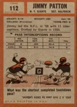 1962 Topps #112 - Jim Patton - New York Giants - Back 1962 Topps #112 - Jim Patton - New York Giants - Back