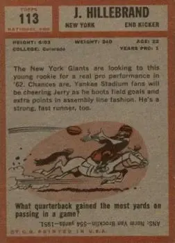 1962 Topps #113 - Jerry Hillebrand - New York Giants - Back