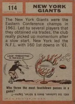 1962 Topps #114 - Card #114 - New York Giants - Back