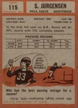 1962 Topps #115 - Sonny Jurgensen - Philadelphia Eagles - Back