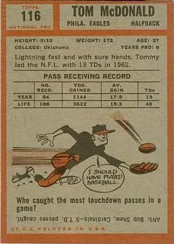 1962 Topps #116 - Tom McDonald - Philadelphia Eagles - Back
