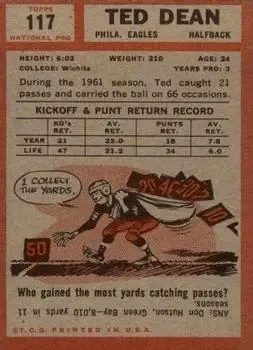 1962 Topps #117 - Ted Dean - Philadelphia Eagles - Back
