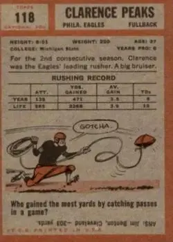 1962 Topps #118 - Clarence Peaks - Philadelphia Eagles - Back