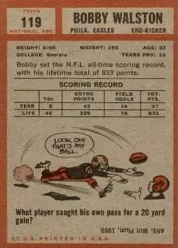 1962 Topps #119 - Bobby Walston - Philadelphia Eagles - Back 1962 Topps #119 - Bobby Walston - Philadelphia Eagles - Back