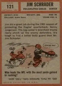 1962 Topps #121 - Jim Schrader - Philadelphia Eagles - Back