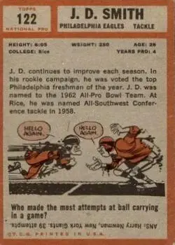 1962 Topps #122 - J.D. Smith - Philadelphia Eagles - Back
