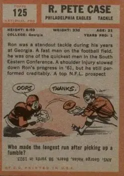 1962 Topps #125 - Pete Case - Philadelphia Eagles - Back