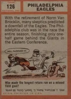 1962 Topps #126 - Card #126 - Philadelphia Eagles - Back 1962 Topps #126 - Card #126 - Philadelphia Eagles - Back