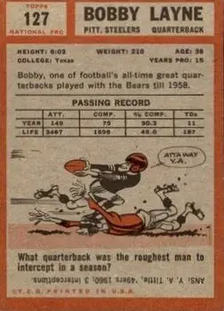 1962 Topps #127 - Bobby Layne - Pittsburgh Steelers - Back