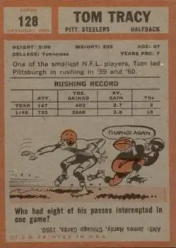 1962 Topps #128 - Tom Tracy - Pittsburgh Steelers - Back 1962 Topps #128 - Tom Tracy - Pittsburgh Steelers - Back
