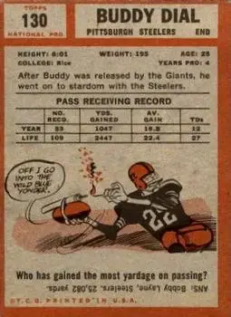 1962 Topps #130 - Buddy Dial - Pittsburgh Steelers - Back