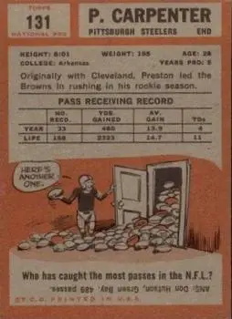 1962 Topps #131 - Preston Carpenter - Pittsburgh Steelers - Back 1962 Topps #131 - Preston Carpenter - Pittsburgh Steelers - Back