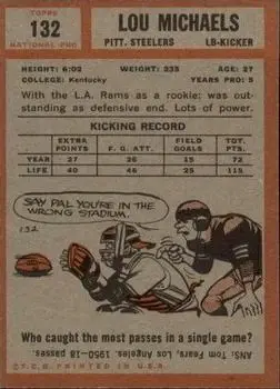 1962 Topps #132 - Lou Michaels - Pittsburgh Steelers - Back
