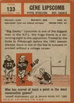 1962 Topps #133 - Gene Lipscomb - Pittsburgh Steelers - Back