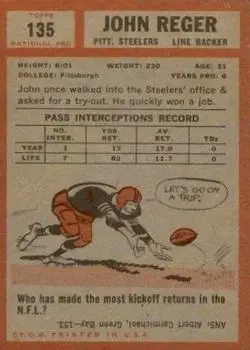 1962 Topps #135 - John Reger - Pittsburgh Steelers - Back