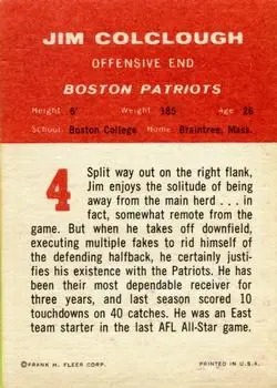 1963 Fleer #4 - Jim Colclough - Boston Patriots - Back