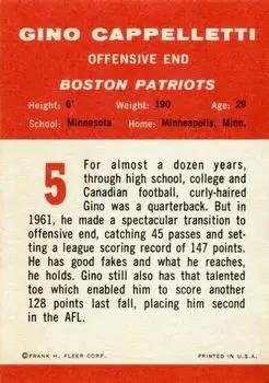 1963 Fleer #5 - Gino Cappelletti - Boston Patriots - Back