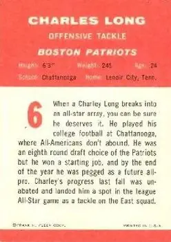 1963 Fleer #6 - Charles Long - Boston Patriots - Back