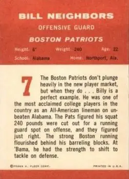 1963 Fleer #7 - Bill Neighbors - Boston Patriots - Back
