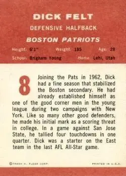 1963 Fleer #8 - Dick Felt - Boston Patriots - Back