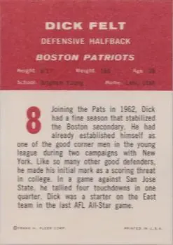 1963 Fleer #8 - Dick Felt - Boston Patriots - Back