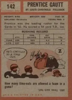 1962 Topps #142 - Prentice Gautt - St. Louis Cardinals - Back