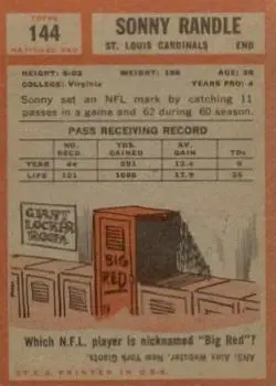 1962 Topps #144 - Sonny Randle - St. Louis Cardinals - Back 1962 Topps #144 - Sonny Randle - St. Louis Cardinals - Back