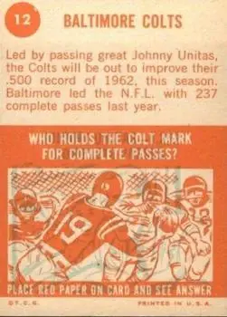 1963 Topps #12 - Card #12 - Baltimore Colts - Back 1963 Topps #12 - Card #12 - Baltimore Colts - Back