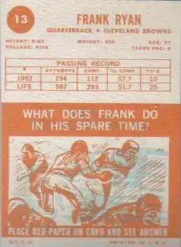 1963 Topps #13 - Frank Ryan - Cleveland Browns - Back
