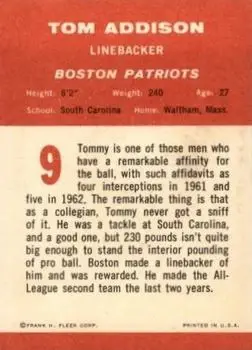 1963 Fleer #9 - Tommy Addison - Boston Patriots - Back