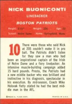 1963 Fleer #10 - Nick Buoniconti - Boston Patriots - Back