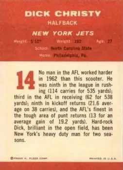 1963 Fleer #14 - Dick Christy - New York Jets - Back 1963 Fleer #14 - Dick Christy - New York Jets - Back