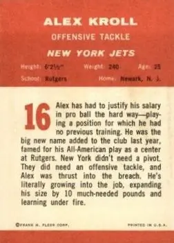1963 Fleer #16 - Alex Kroll - New York Jets - Back